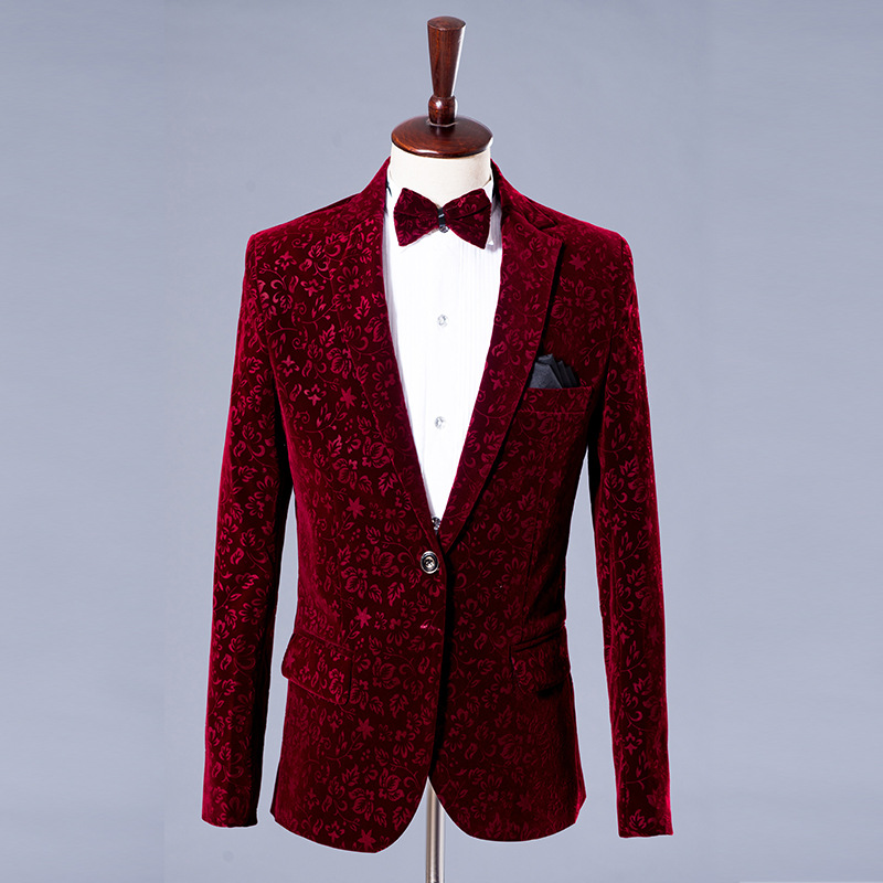 男士新郎礼服酒红暗花成人西服套装舞台主持人演出服歌手西装
