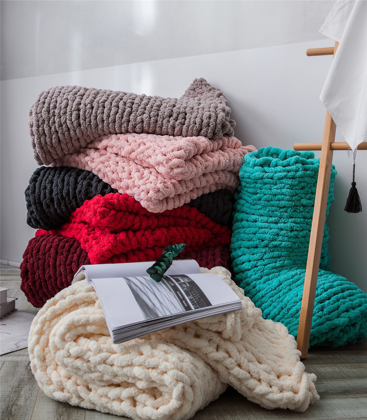 菲丽斯 ins手工粗毛线编织毯子雪尼尔棒针织毯 沙发毛毯子