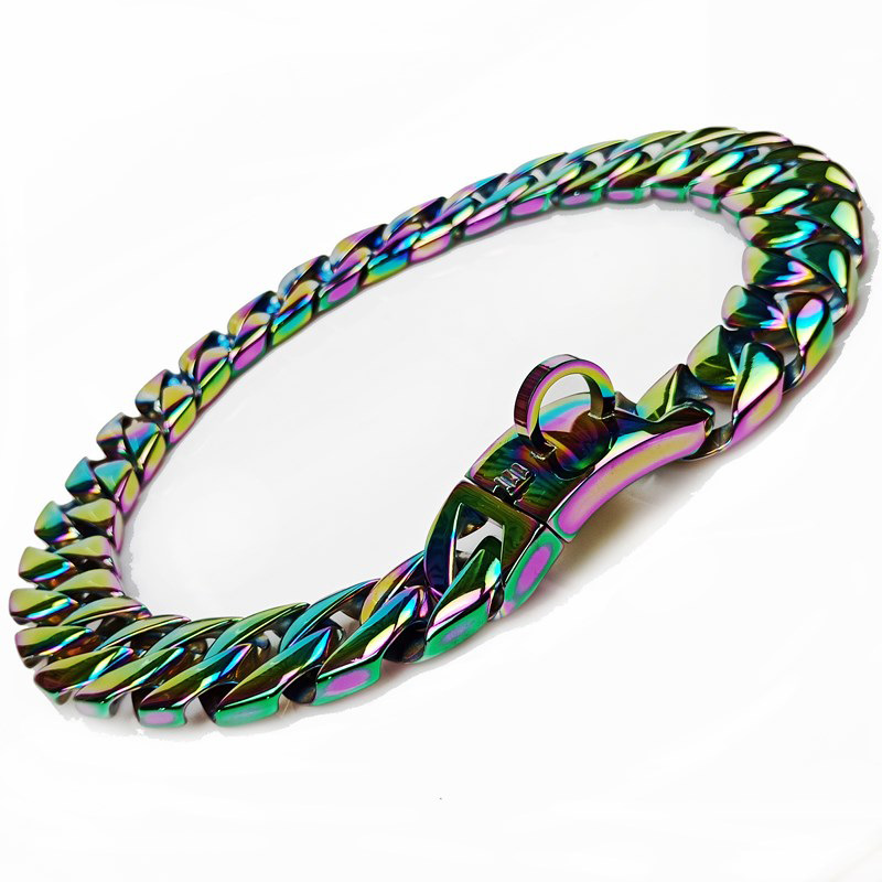 定制款32mm宽七彩铸造链狗链宠物牵引绳不锈钢金属铸造项圈配套