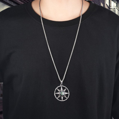 2019时尚新款不锈钢指南针吊坠 男士嘻哈复古毛衣链 潮牌个性项链