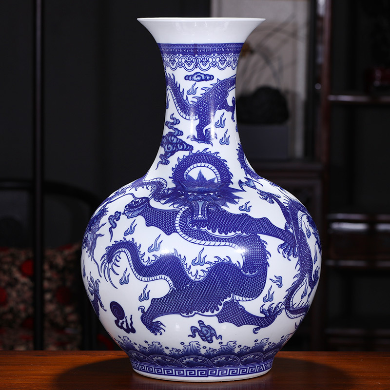 仿古青花瓷龙纹花瓶景德镇飞龙在天赏瓶新中式家居台面装饰品摆件