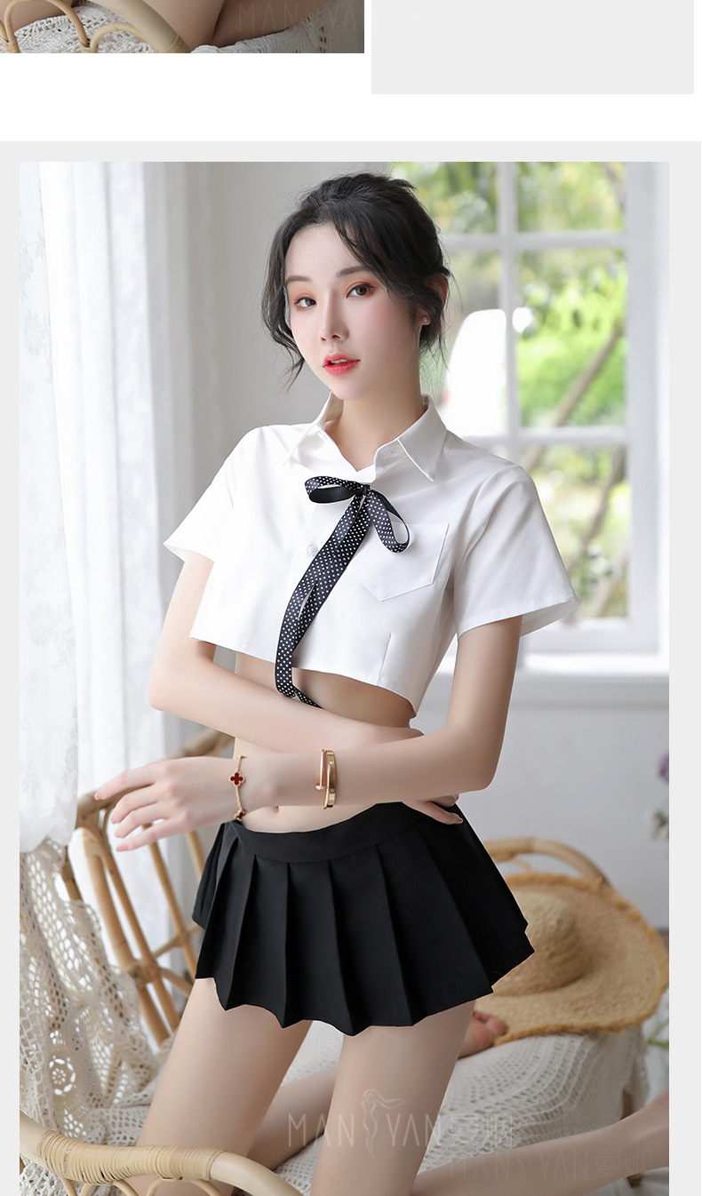 情趣内衣女性感露脐衬衫百褶裙清纯分体学生装学院风少女套装9762