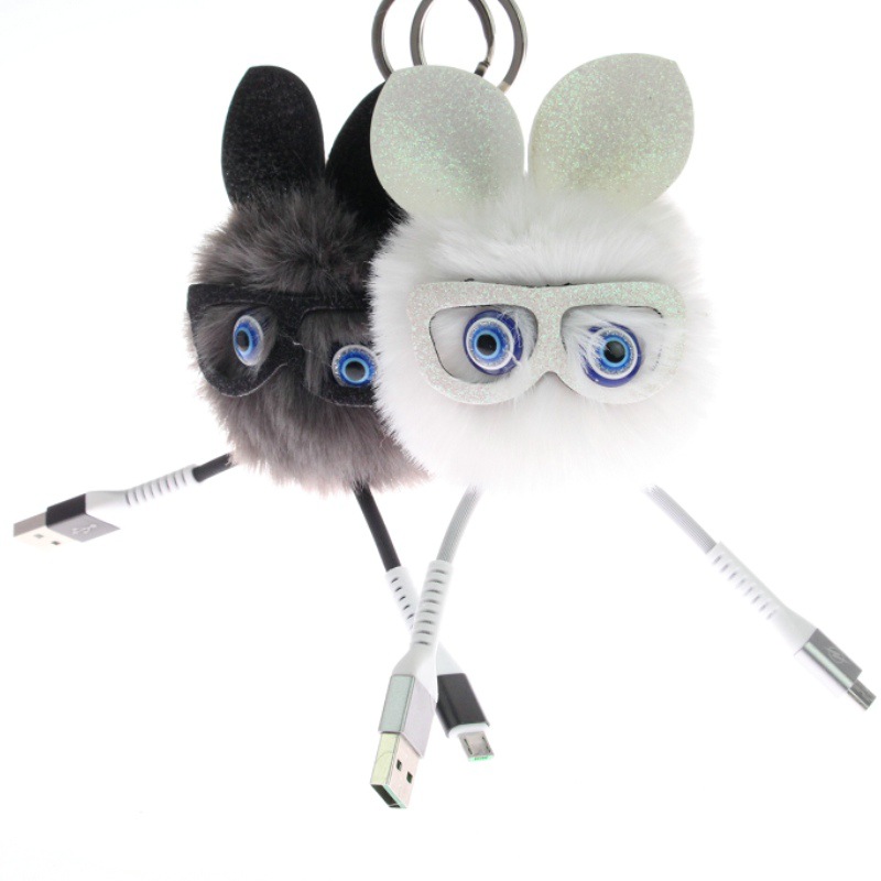 跨境出口产品安卓苹果毛绒毛球精灵充电数据线钥匙扣包包车载挂件