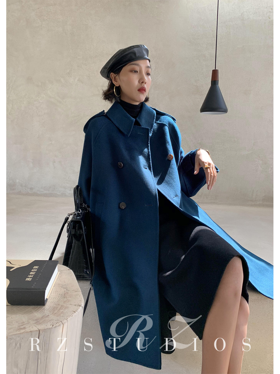 双面羊绒呢子大衣女装2019秋冬新款中长款气质孔雀蓝色羊毛呢外套
