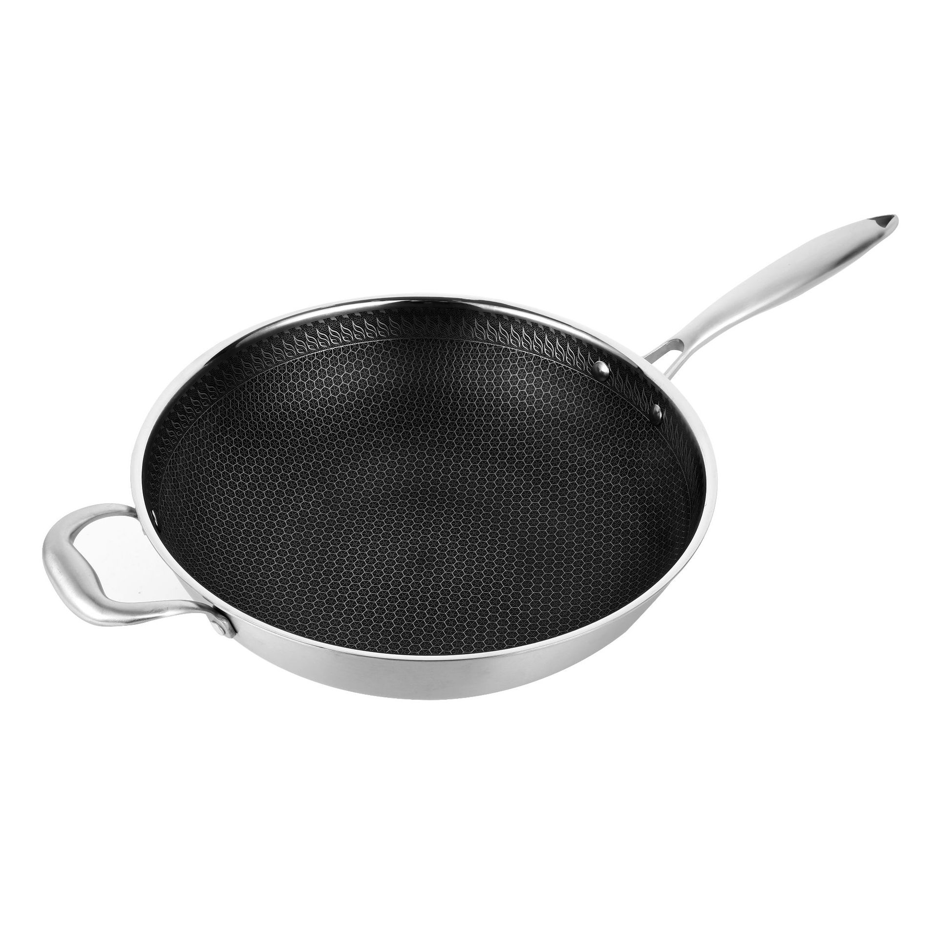 新款家用蜂窝不锈钢炒锅 304全面屏不沾三层白钢平底不粘炒菜锅勺