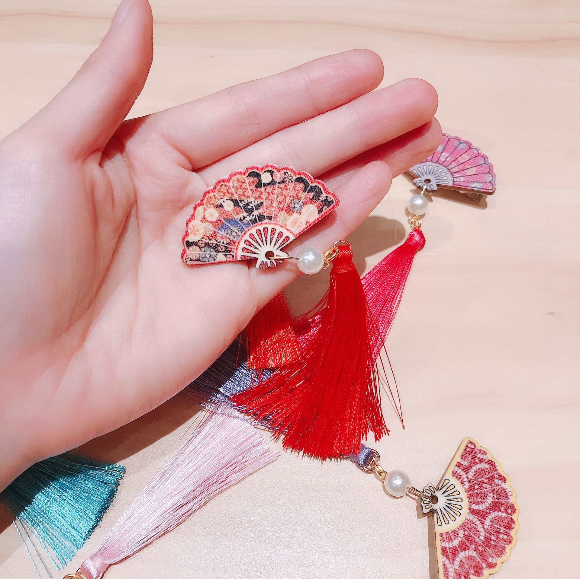 中国风古风边夹扇子发夹扇形鱼嘴夹边夹刘海夹珍珠铃铛发夹发饰代