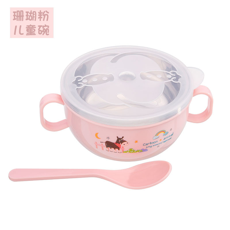 New Stainless Steel Children's Bowl Cartoon Double Handle with Lid Spoon Rice Bowl Baby Food Supplement Tableware Children Drop-Proof and Hot-Proof