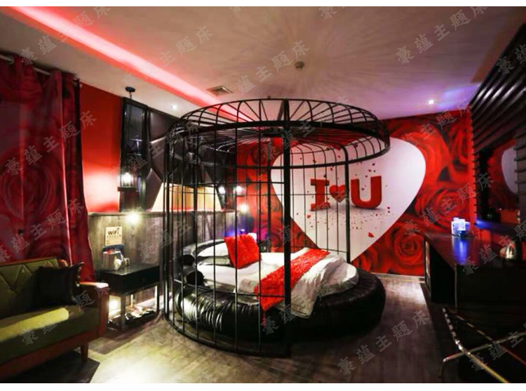 轻奢主题酒店铁艺笼子情侣圆床创意鸟笼床公寓情趣水床厂家定做