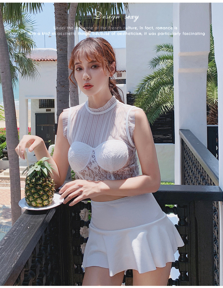 韩国网红款ins泳衣女士分体裙式bikini新款蕾丝泡温泉游泳装批发