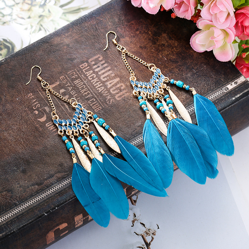 Amazon Sources Light Blue Fan-Shaped Tassel Feather Earrings Women's Long Bohemian Bead European and American Earrings Wholesale
