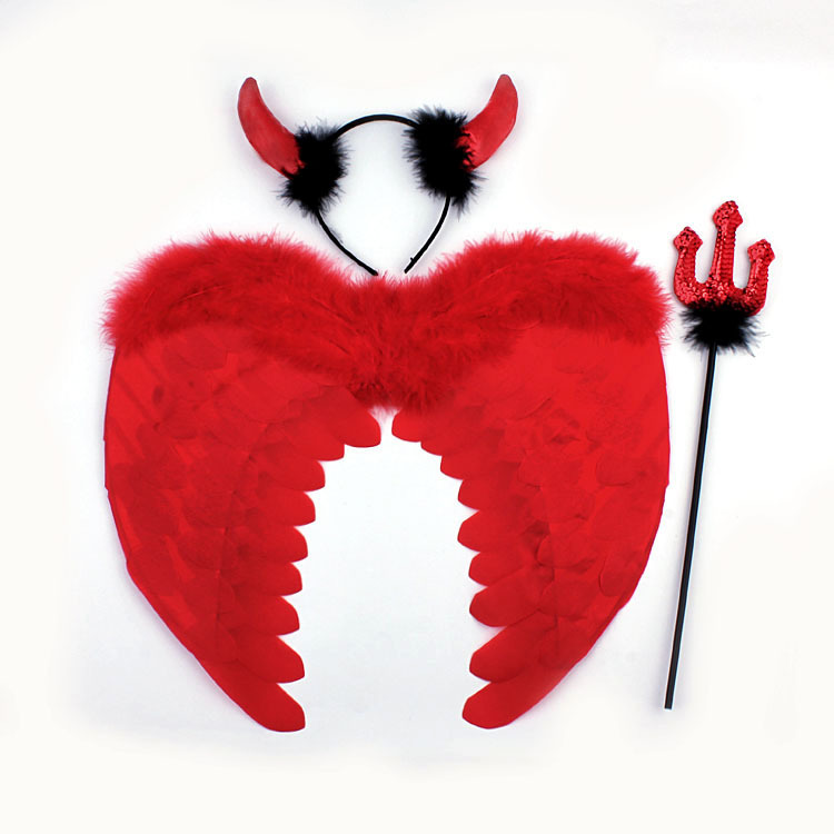 万圣节儿童成人羽毛天使翅膀表演装恶魔红色羽毛翅膀 牛角 牛叉