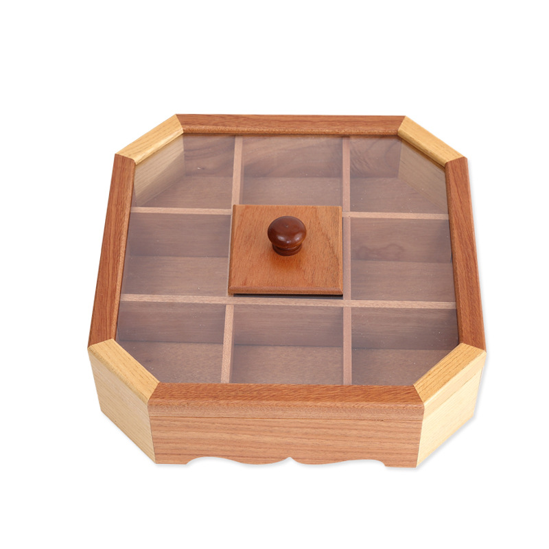 Storage Box Wooden Household Grid with Lid Dried Fruit Nut Box Wooden Jiugong Grid Candy Box Snack Snack Box