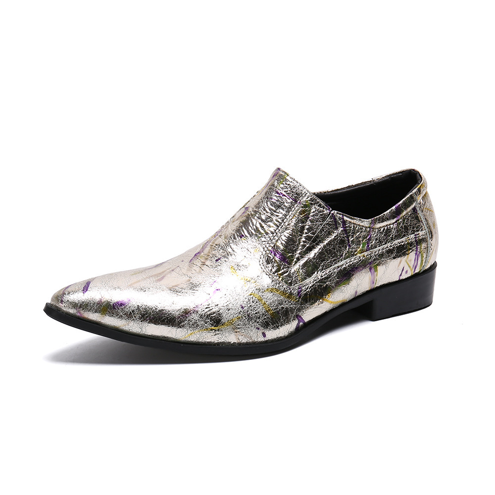 春秋款式亮银色皮鞋套脚光面豆豆鞋韩版发型师理发师工作鞋潮男鞋