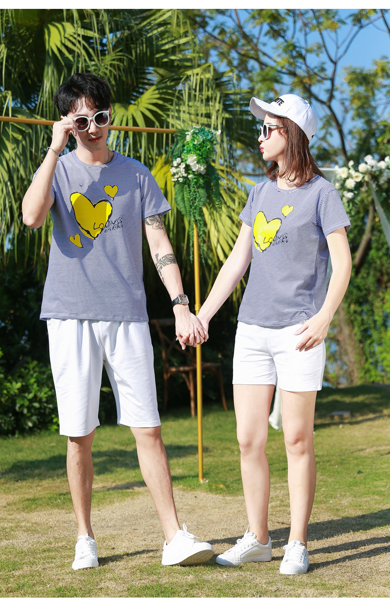 情侣装短袖t恤女夏季新款情侣条纹半袖宽松打底衫pdd淘宝代发批发