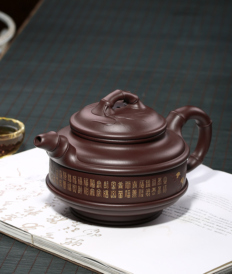 手工大号大容量旋转紫砂壶名家常月红茶具家用双线竹鼓壶
