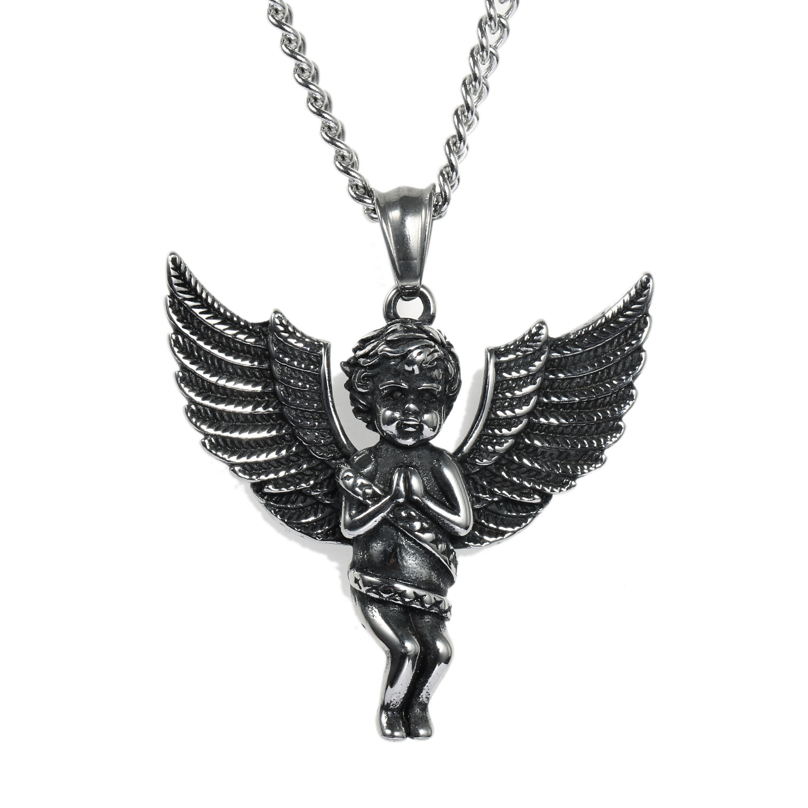 欧美跨境饰品创意小天使翅膀吊坠不锈钢项链ins钛钢嘻哈项链男