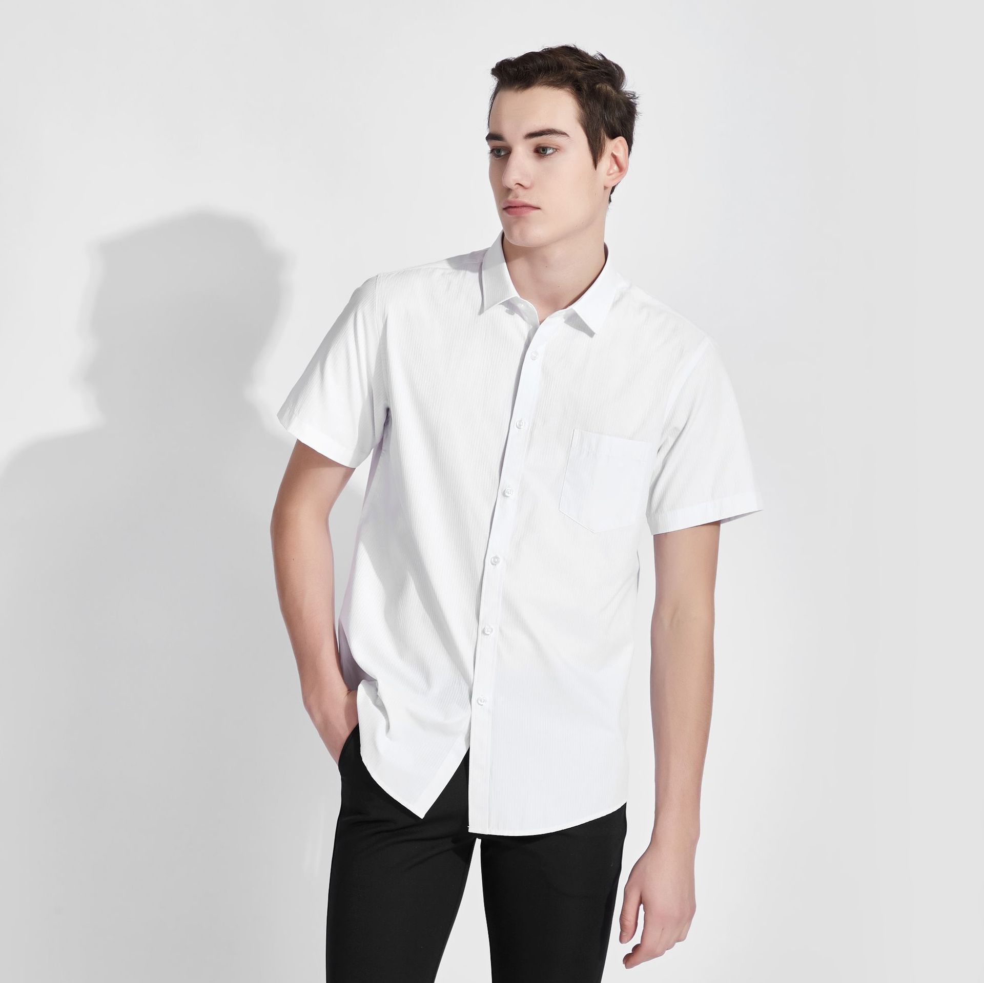 夏季白短袖条纹男士职业衬衫dk制服定制大码商务上班logo工作服