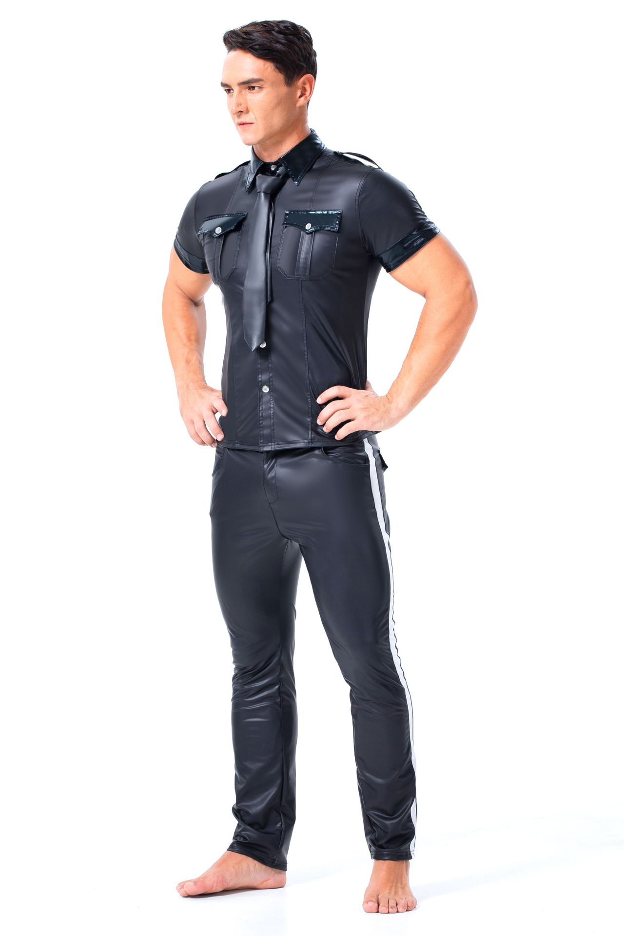 厂家直销外贸欧美情趣内衣男漆皮表演服衬衫上衣皮款制服诱惑6037