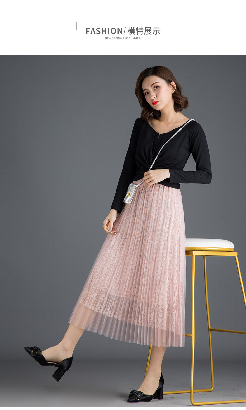 网纱半身裙蕾丝百褶裙中长款裙子蓬蓬裙a字纱裙女2019春新款长裙