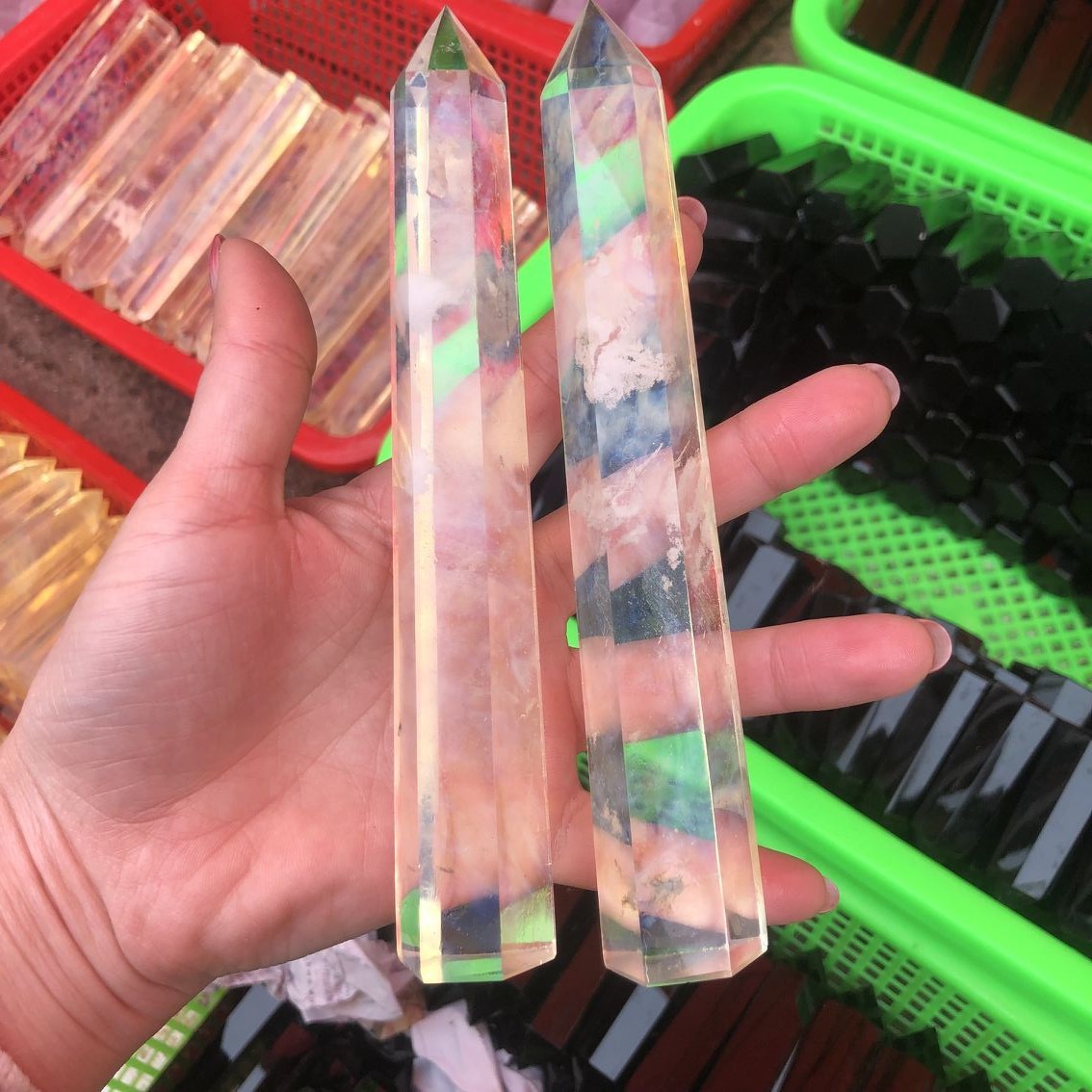 人造黄熔炼单尖柱六棱柱水晶柱20cm水晶工艺品摆件东海