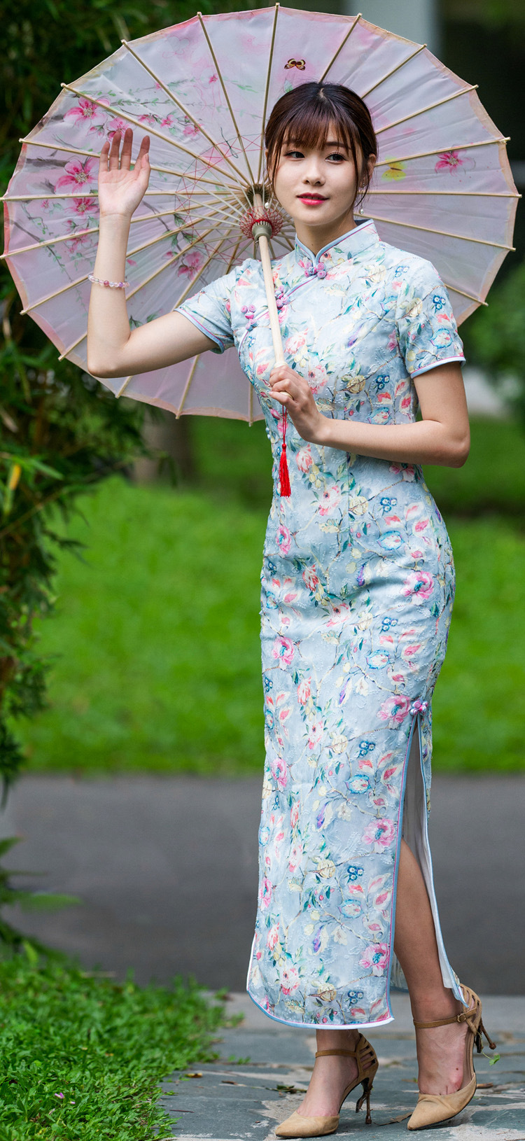 靓丽华中式改良少女印花中国风盘扣修身复古立领短袖旗袍连衣裙