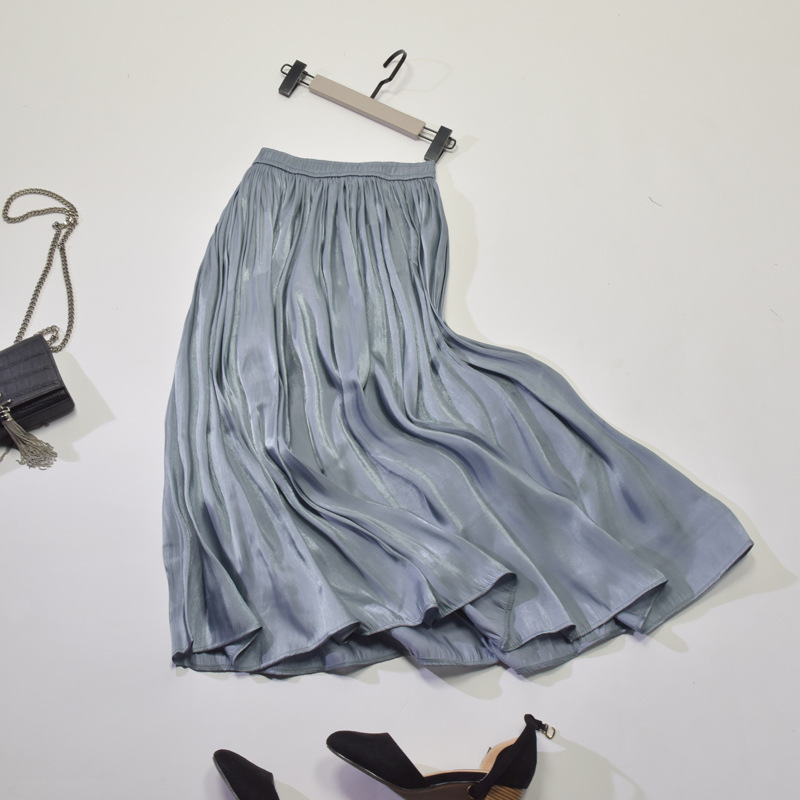 New Spring and Summer Pearlescent Glossy Silky Draping Wide Hem Flowy Pleated Skirt High Waist Mid-Length A- line Skirt Women