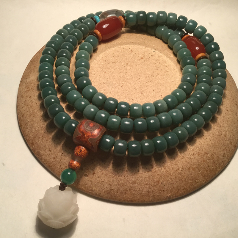 原创天然阴皮绿菩提根108颗手串 风化绿菩提佛珠手串情侣手链项链