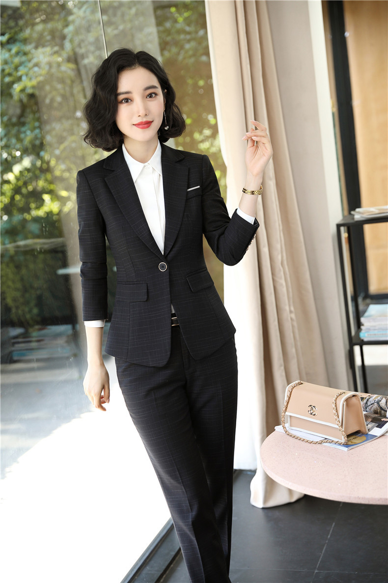 2019新款西装正装女装套装秋冬格子职业装工作服女时尚气质ol西服