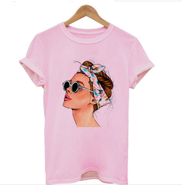 美女头像印花粉色短袖t恤女 2019跨境爆款速卖通wish ebay joom