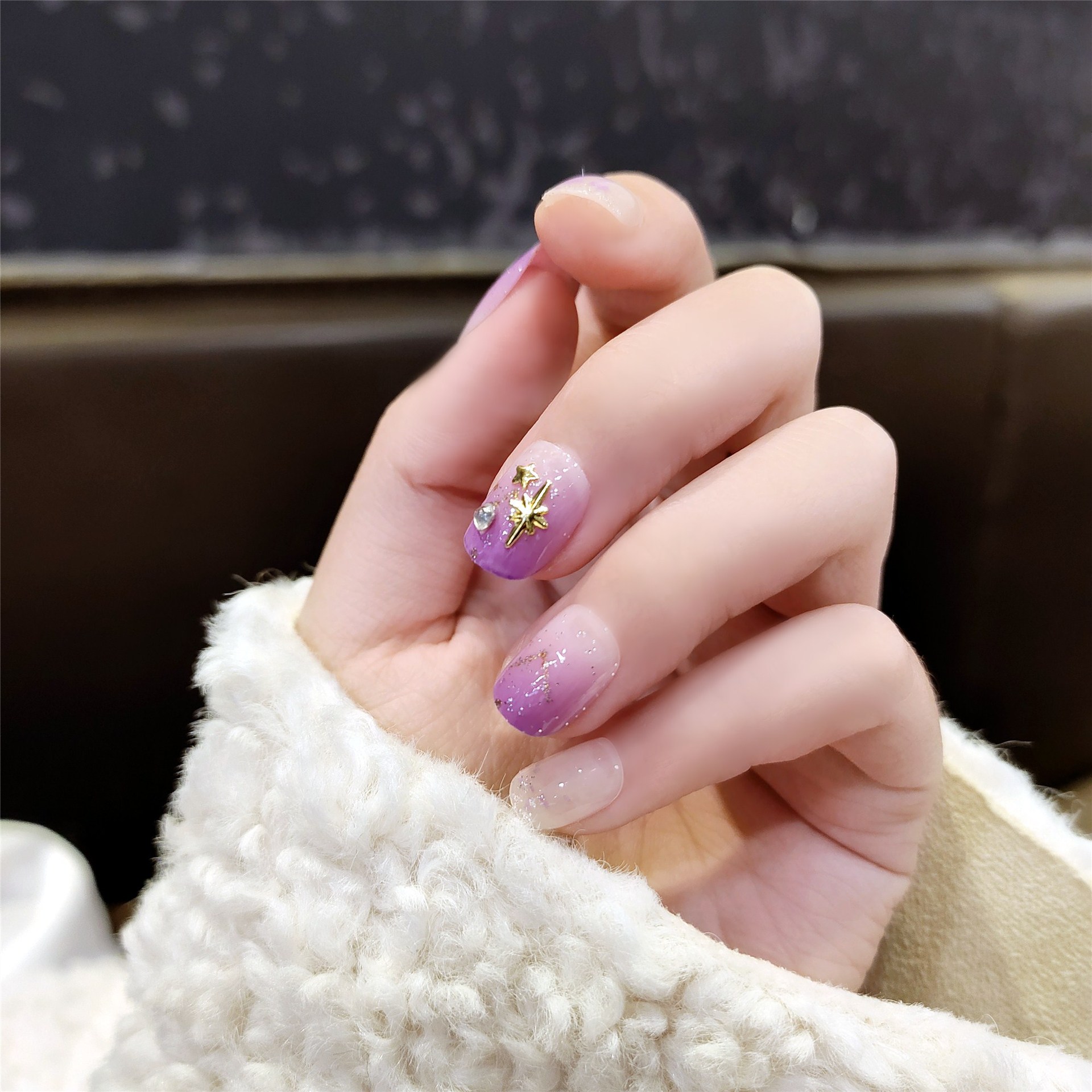 b68淡紫星辰短款少女网红美甲成品假指甲贴片24片套装可一件代发