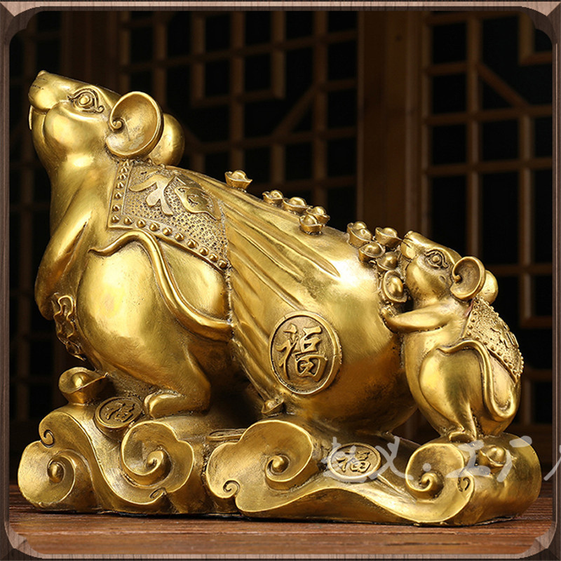 开光纯铜福鼠黄金袋摆件 富鼠运财十二生肖金钱鼠风水金属工艺品