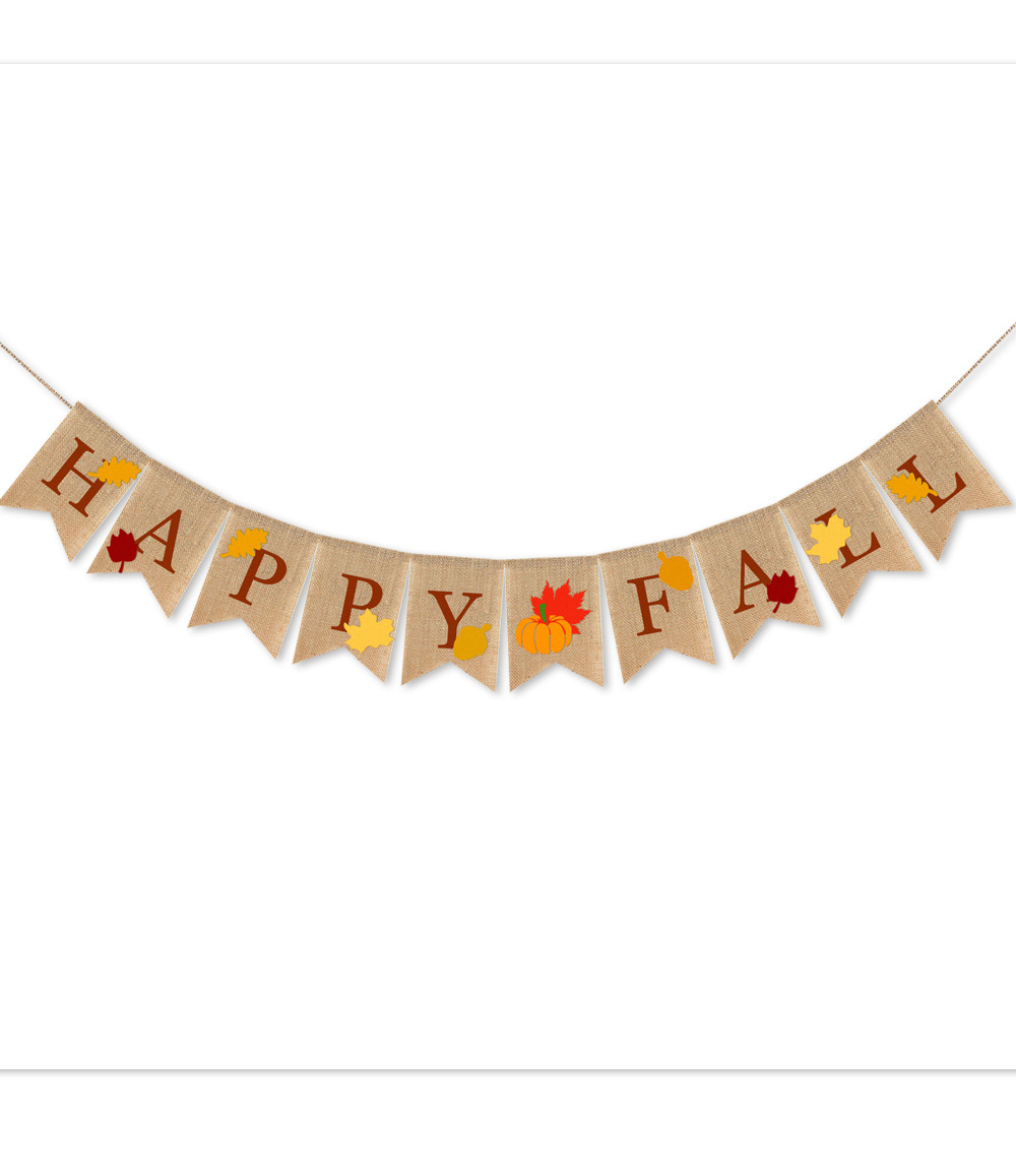 hapyy fall感恩节枫叶主题麻布拉旗 燕尾旗 亚马逊派对装饰厂家