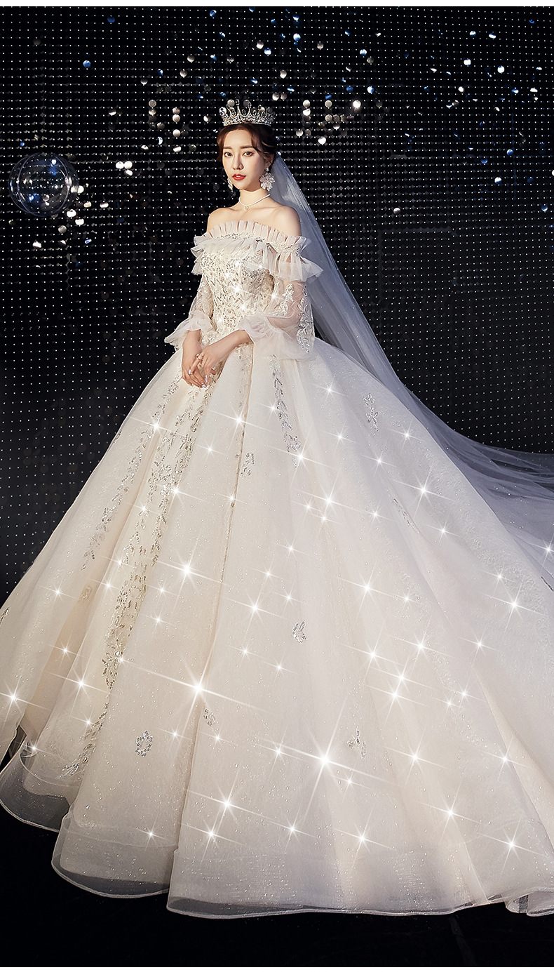 一字肩婚纱2022新款新娘森系超仙梦幻长拖尾礼服抖音网红主婚纱女