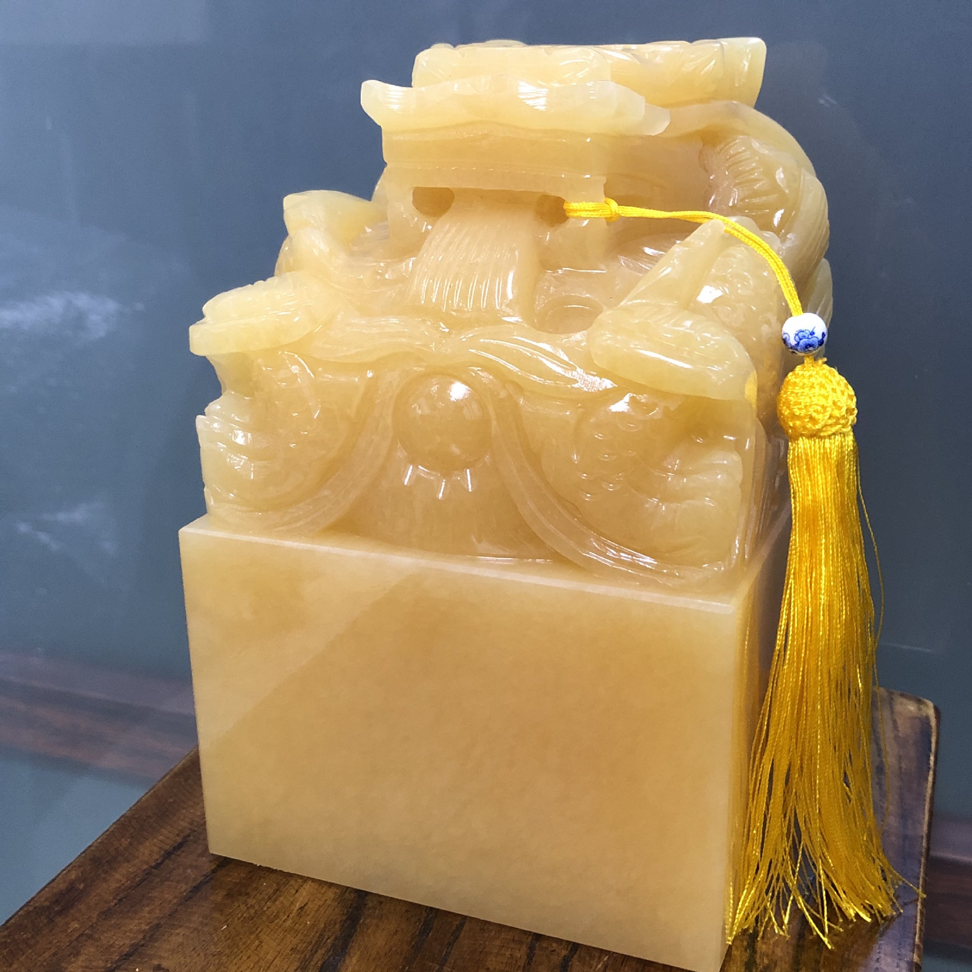 米黄玉龙头印章摆件玉玺黄龙玉篆刻姓名书画书法藏书水花印章玉玺