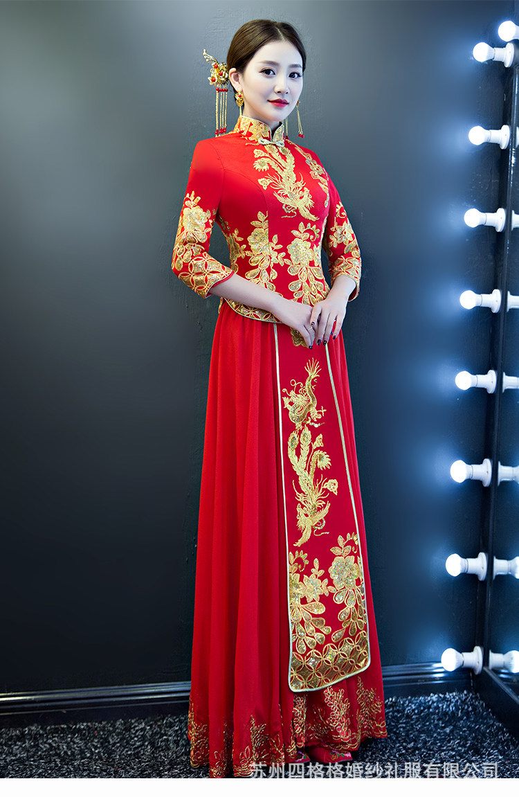 现货新娘敬酒服中式红装秀禾服中袖结婚旗袍红色修身影楼拍照批发