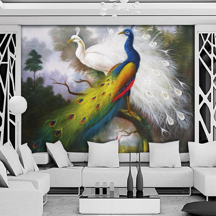 美式白孔雀油画墙纸欧式无缝壁画卧室玄关3d壁纸个性艺术背景墙布