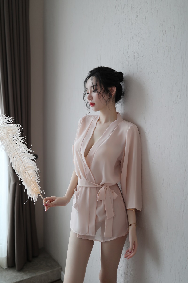 爱如如情趣内衣新品性感诱惑女装透明雪纺睡袍三点式浴袍套装外贸