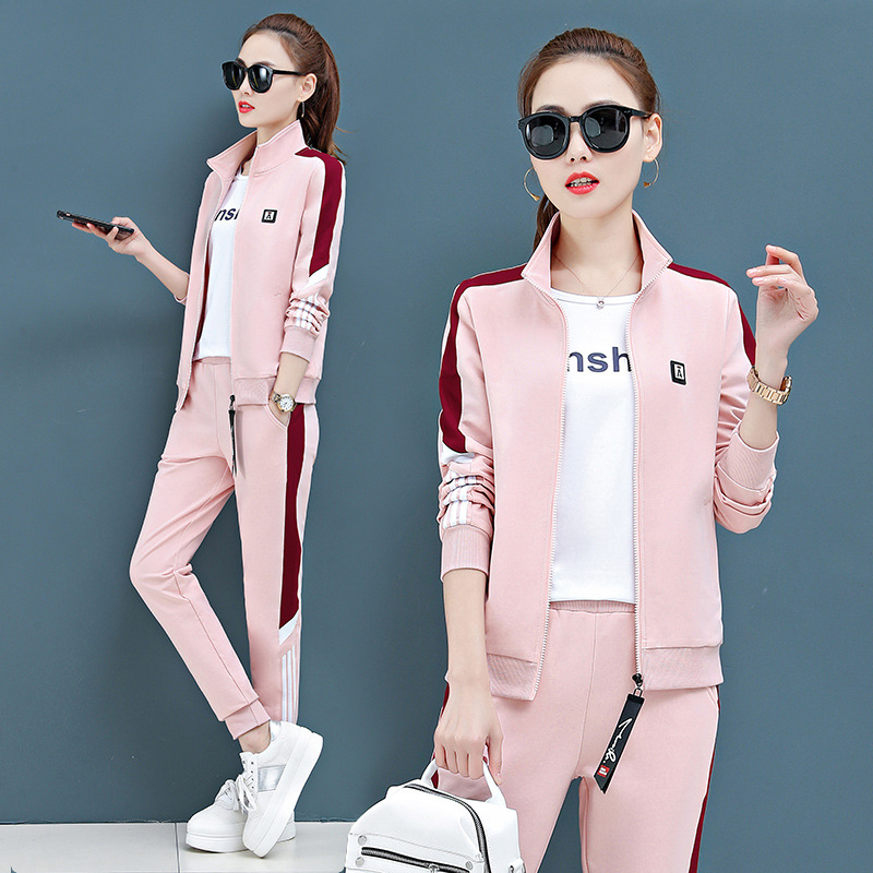 全棉运动服套装女纯棉休闲服春秋竖领卫衣拉条个性显瘦跑步三件套