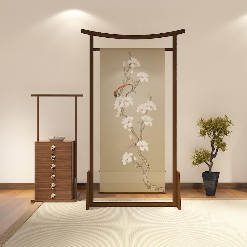 新中式实木屏风软隔断玄关客厅书房座屏酒店餐厅茶楼布艺屏风帘子