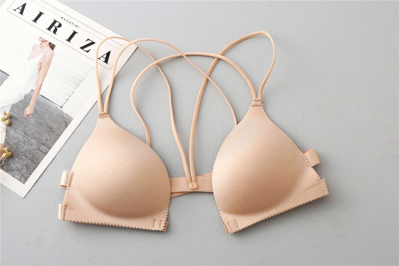 性感交叉带美背无痕前扣薄款内衣女小胸上托聚拢收副乳无钢圈文胸