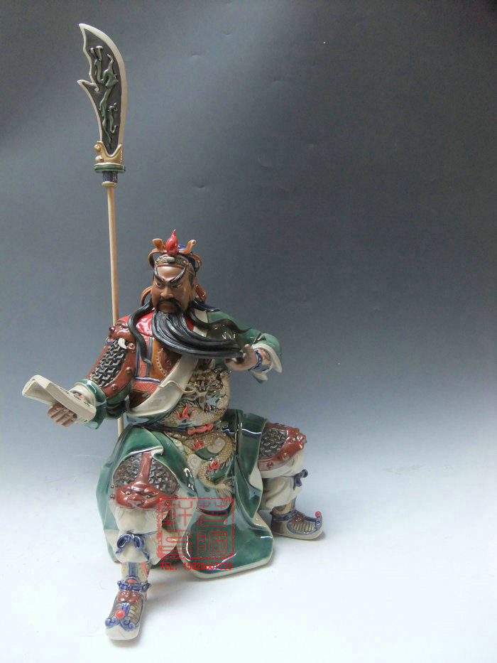 陶瓷工艺品 石湾公仔 绿釉夜读兵书 关公