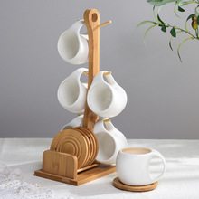 批发简约花茶具陶瓷咖啡杯碟套装创意6件套骨瓷带架子竹制旋纹底