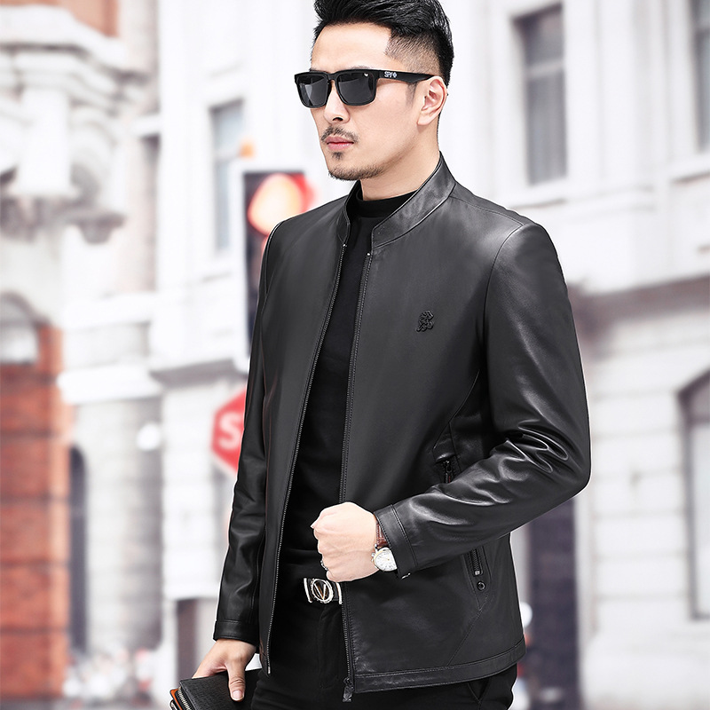 2023 New Leather Coat Men's Leather Haining Sheep Leather Jacket Stand Collar Short Slim-Fitting Simple Coat Factory Direct Sales
