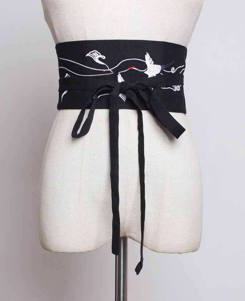 中国风复古百搭汉服配饰古风棉麻中式刺绣仙鹤绣花装饰腰封腰带