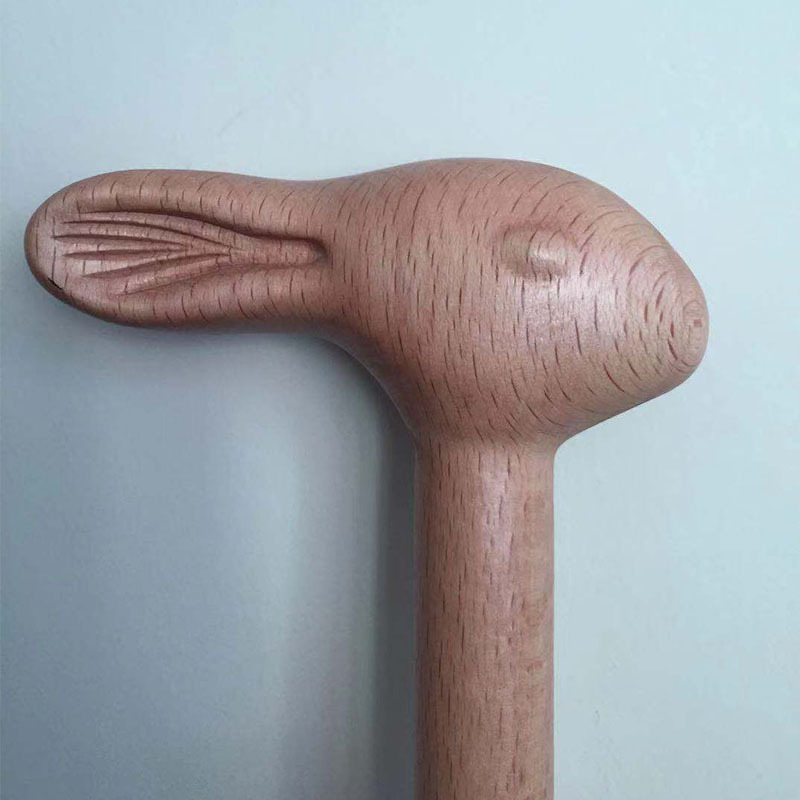 晨林木艺 手工木质动物异型 兔头雨伞把 兔子头拐杖手把