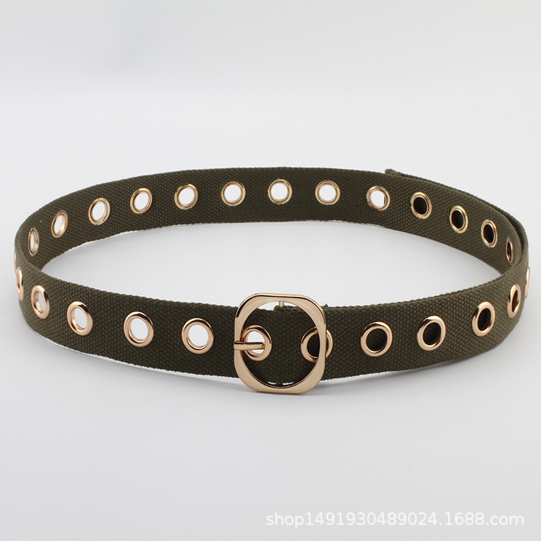 新款帆布金色扣眼日字扣免打孔腰带欧美潮流朋克风时尚皮带现货