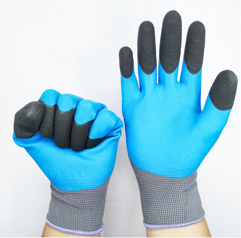 耐磨蓝色透气加强指黑指尖加强耐磨挂胶劳保防护透气王加强指手套