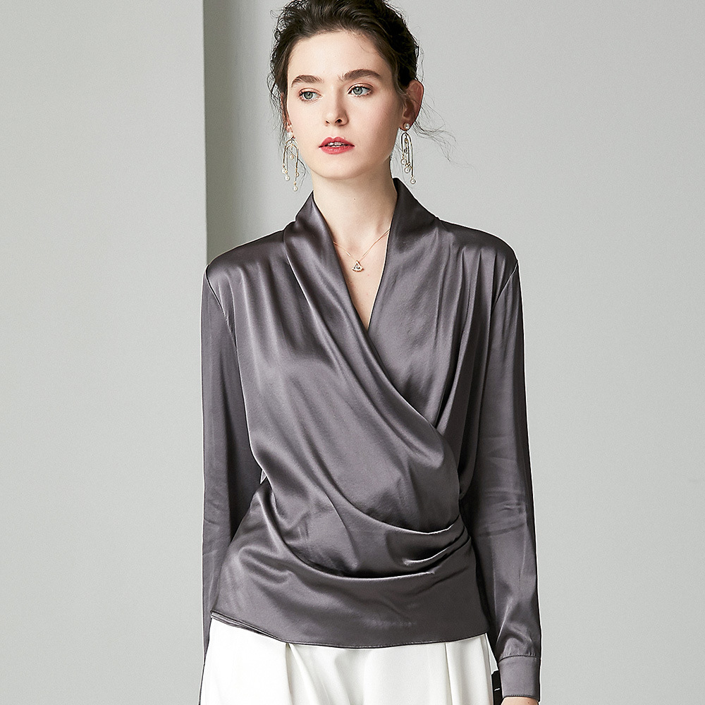 914069 欧洲站轻奢气质真丝衬衫女 交叉v领长袖重磅桑蚕丝上衣女