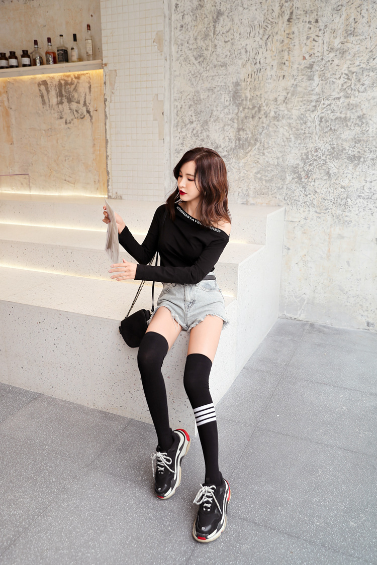 ab版日系过膝袜 全棉高筒显瘦大腿袜 不对称四条杠长筒女袜子批发