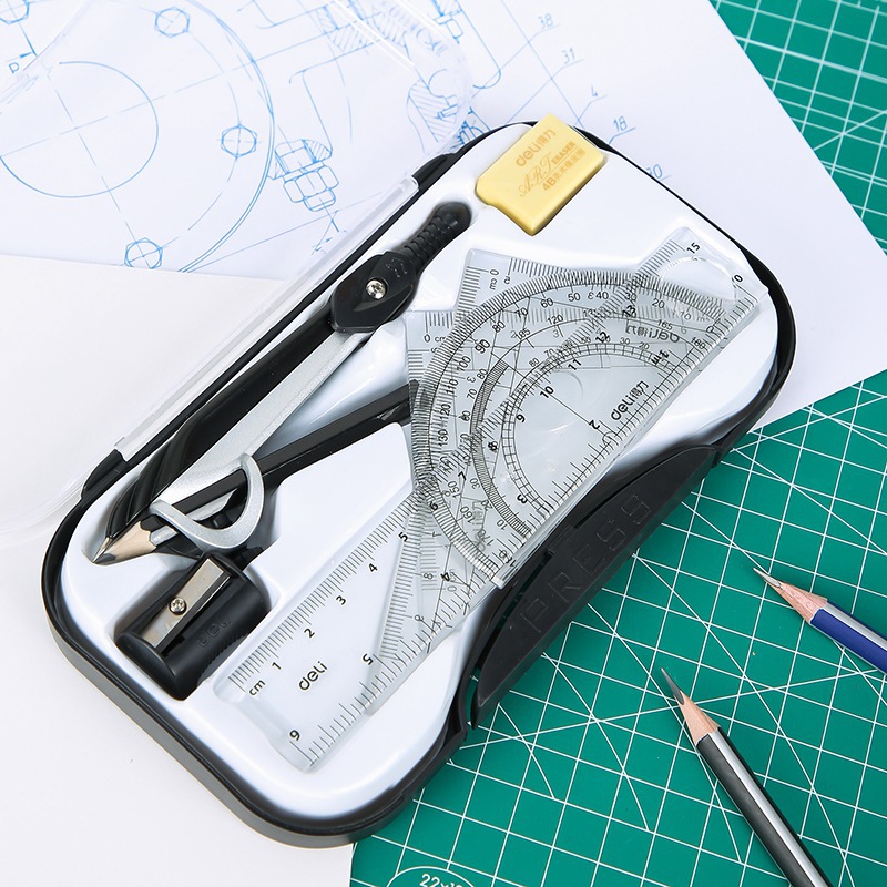 得力文具72151圆规尺子七件套装考试工程技术圆规绘图工具套装